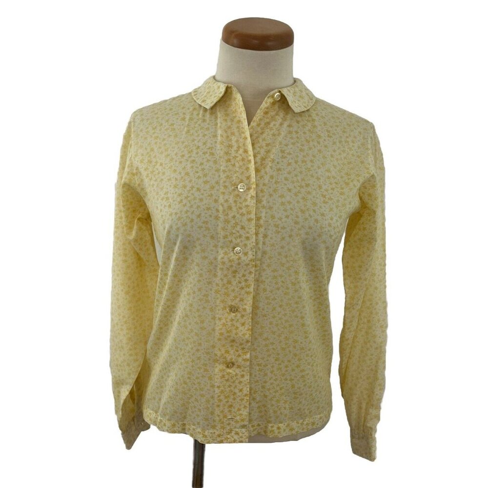 Vintage 80s Shapely Top Shirt Women's 12 Yellow Floral Cottagecore Peter Pan